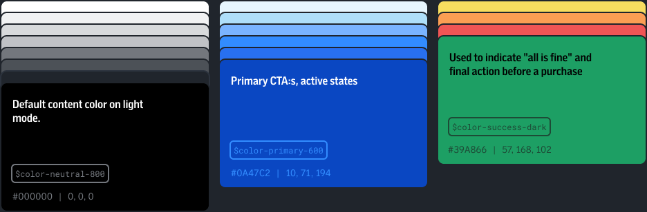 SL neutral, primary blue, and status color tokens shown with usage notes.